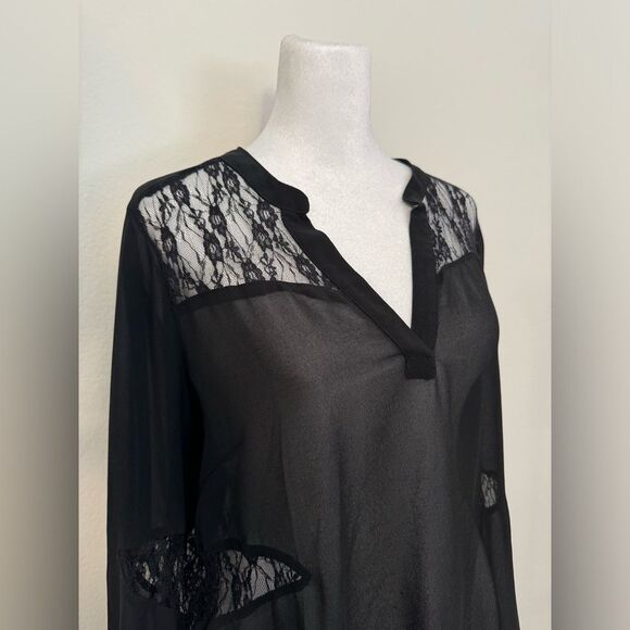 Anthropologie Lush Black Long Sleeve Sheer Top Lace Accents Women’s Size Medium - Picture 3 of 15